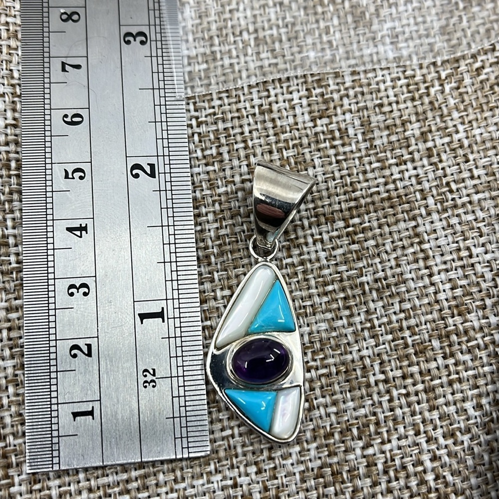 🌊 Jay King Mine Finds 925 Silver Turquoise, Amethyst & MOP Eye Pendant - Picture 8 of 10